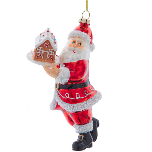 Glass Santa Holding Gingerbread House Ornament