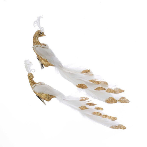 Feather Peacock With Pearls Clip-On Ornaments, 2 Assorted