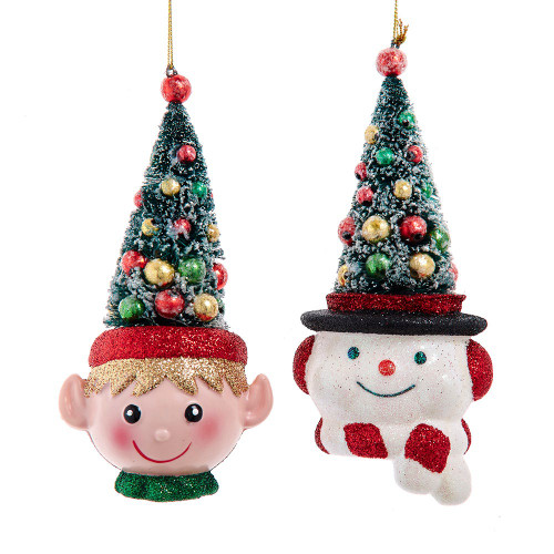 Elf & Snowman With Christmas Tree Hat Ornaments, 2 Assorted