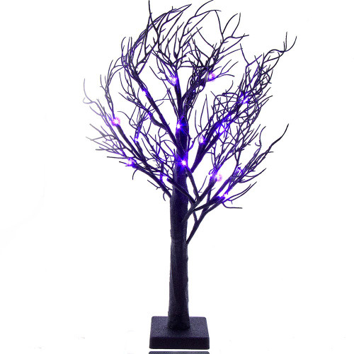 24“ Battery Operated Pre-Lit Purple LED Black Glittered Tabletop Tree