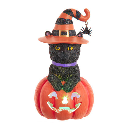 Battery Operated Black Cat On Pumpkin Table Piece