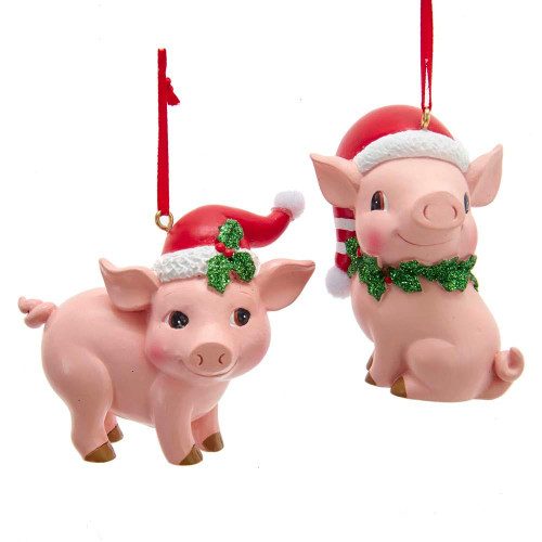 Pink Pig With Santa Hat Ornaments, 2 Assorted