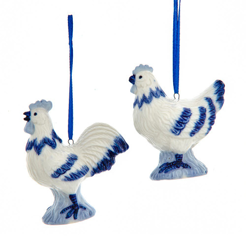 Blue & White Porcelain Cock and Hen Ornaments, 2 Assorted