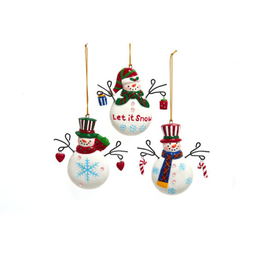 Porcelain Snowman Ornaments, 3 Assorted