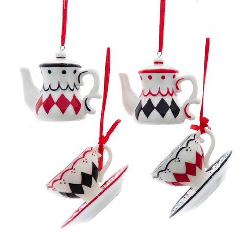 Diamond Pattern Tea Pot & Cup Ornaments, 4 Assorted