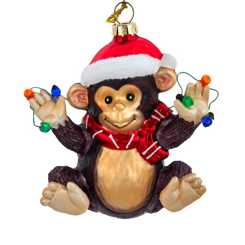 Glass Monkey With Miniature Light Strand Ornament