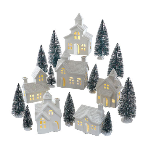 Battery Operated Porcelain Lighted Houses, Trees & Candles, 24-Piece Set