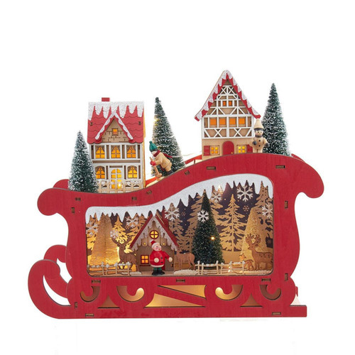 13.77“ Battery Operated LED Lighted Sleigh With Village Scene Table Piece