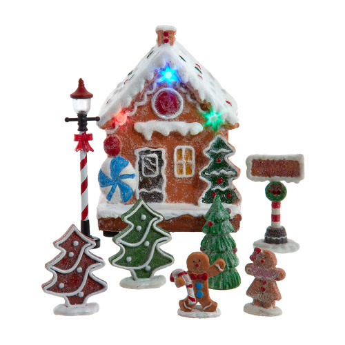 Battery Operated Multicolor LED Lighted Gingerbread House, 8-Piece Set