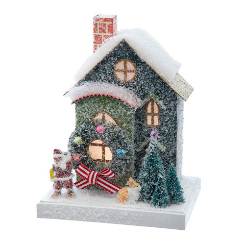 7.5“ Battery Operated LED Lighted Green Paper House Table Piece