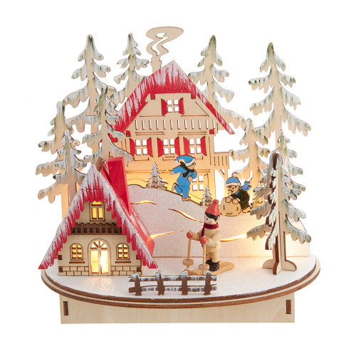 Battery-Operated Light-Up LED Wooden Ski Resort Village