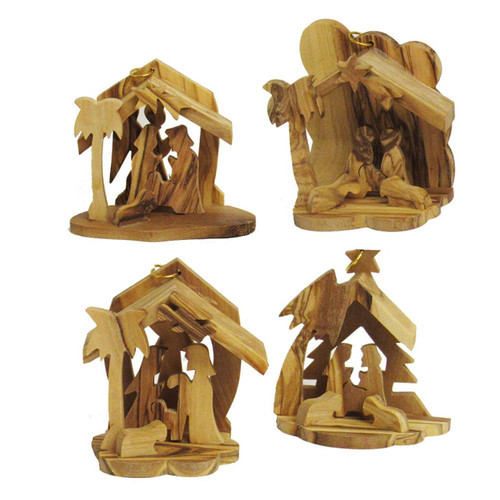 Olive Wood Nativity Ornaments, 4 Assorted