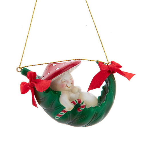 Merry Little Mushrooms Guy Sleeping On Leaf Hammock Ornament