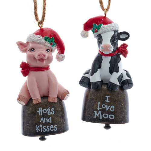 Calf & Piglet Farm Bell Ornaments, 2 Assorted
