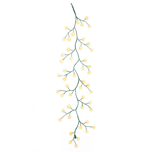 6' 48-Light White Cotton Balls With Warm White LED Lights Green Vine Garland