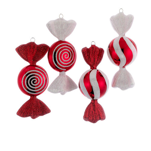 6“ Shatterproof Red and White Candy Ornaments, 4 Assorted