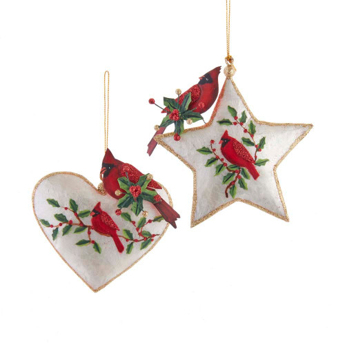 Star & Heart With Cardinal Ornaments, 2 Assorted