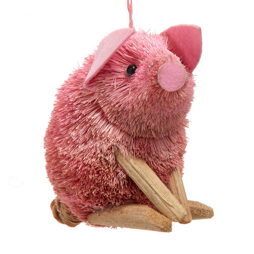 Abaca Sitting Pink Pig With Felt Ears & Rattan Feet Ornament