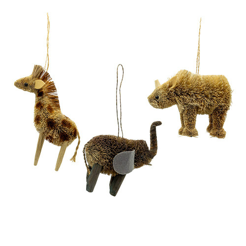 Buri Standing Rhino, Elephant & Giraffe With Felt Ears Ornaments, 3 Assorted