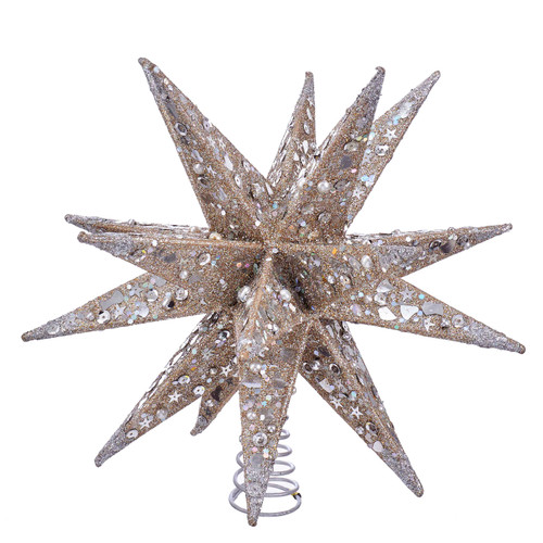 12" Un-Lit Champagne and Silver Glittered Moravian Star Treetop