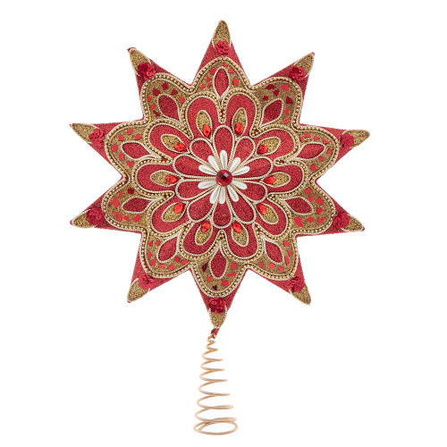 16“ Un-lit Ruby Red & Gold With Pearl Accents Star Treetop
