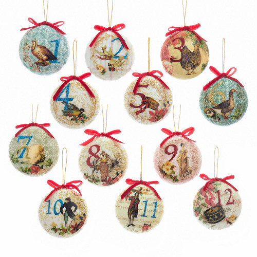12 Days Of Christmas Decoupage Ball Ornaments, 12-Piece Box Set