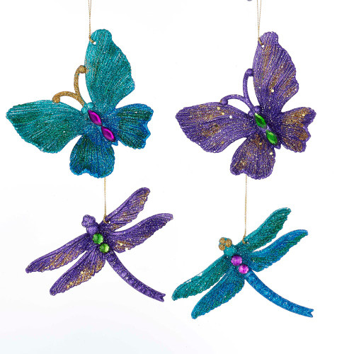 Peacock Glitter Butterfly and Dragonfly Ornaments, 4 Assorted