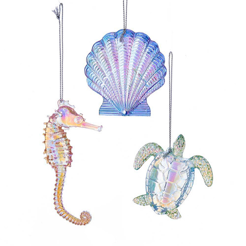 Iridescent Sea Shell, Turtle and Sea Horse Ornaments, 3 Assorted