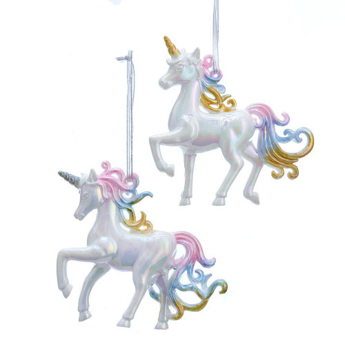 White Iridescent Unicorn Ornaments, 2 Assorted