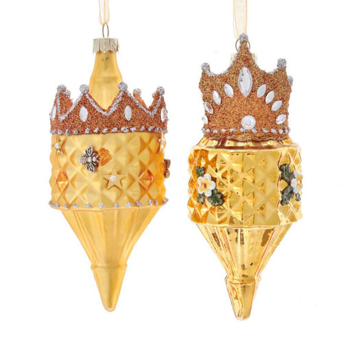 Glass Gold Finial With Crown Ornaments, 2 Assorted