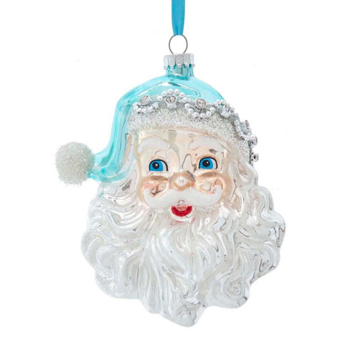 Glass Blue and Silver Santa Head Ornament