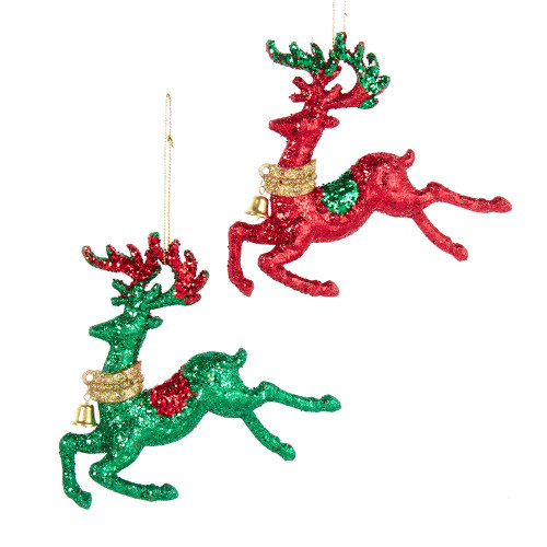 Red, Green and Gold Glittered Deer Ornaments, 2 Assorted