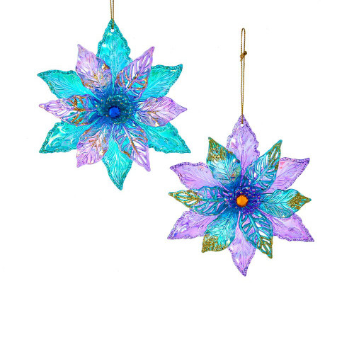 Peacock Glittered Poinsettia Ornaments, 2 Assorted