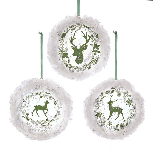 Sage Deer With Fur Trim Disc Ornaments, 3 Assorted