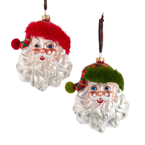 Glass Red & Green Plaid Santa Head Ornaments, 2 Assorted