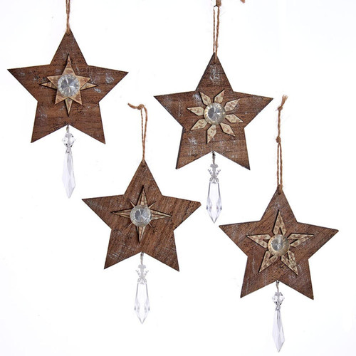 Rustic Glam Wooden Star With Dangle Ornaments, 4 Assorted