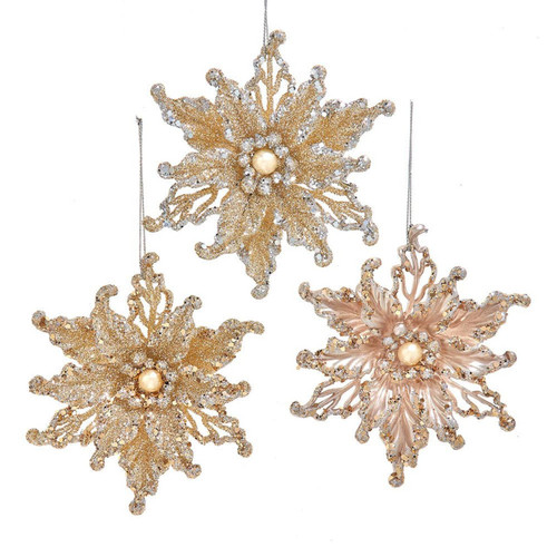 Platinum Poinsettia Ornaments, 3 Assorted