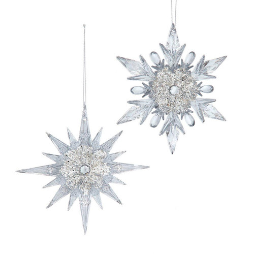 Clear Snowflake With Glitter & Gemstone Ornaments, 2 Assorted