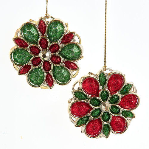 Red & Green Glittered Flower Ornaments, 2 Assorted