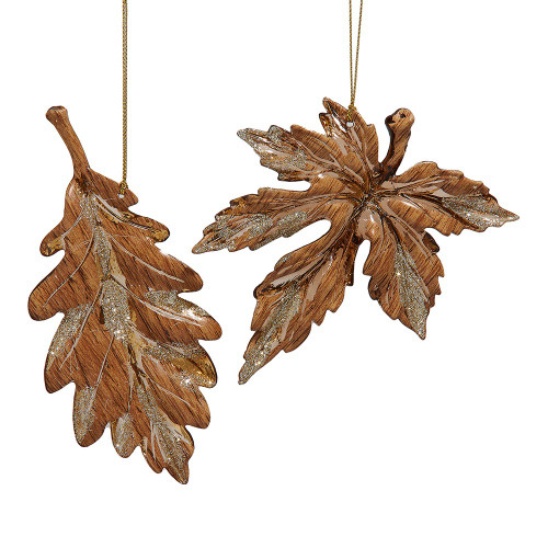 Leaves With Glittered Edge Ornaments, 2 Assorted