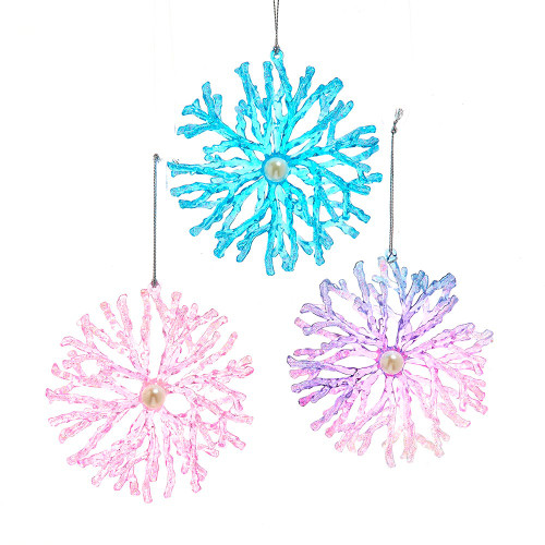 Coral Pink, Blue & Purple Snowflake Ornaments, 3 Assorted