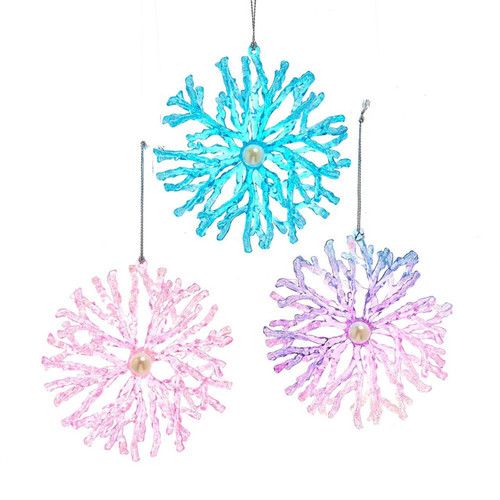 Coral Pink, Blue & Purple Snowflake Ornaments, 3 Assorted