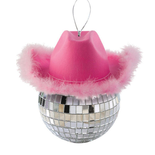 60MM Silver Mirror Ball With Pink Cowboy Hat Ornament