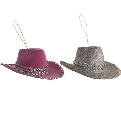 Pink and Silver Flocked Cowgirl Hat Ornaments, 2 Assorted