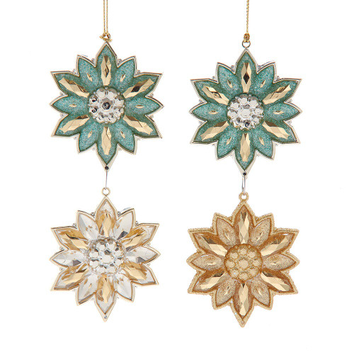 Aqua & Gold Flower With Dangle Ornaments, 2 Assorted
