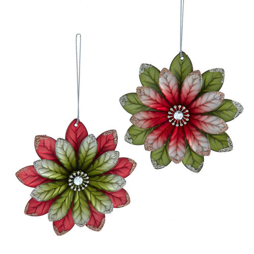 Red & Olive Green Flower Ornaments, 2 Assorted