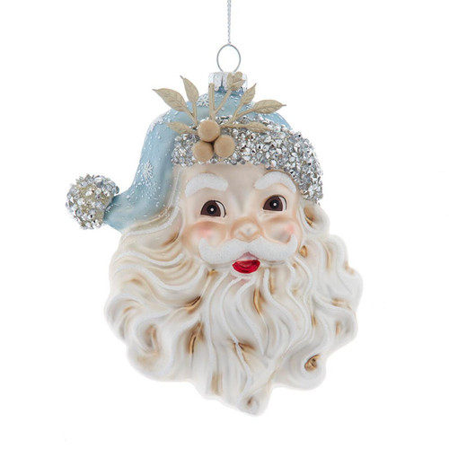 Glass Blue & Platinum Santa Head Ornament