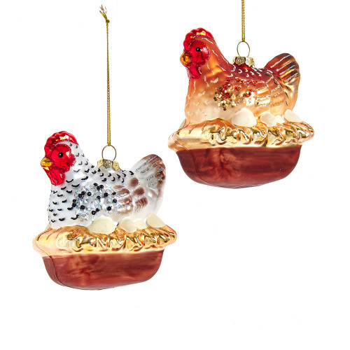 Glass Chicken Ornaments, 2 Assorted