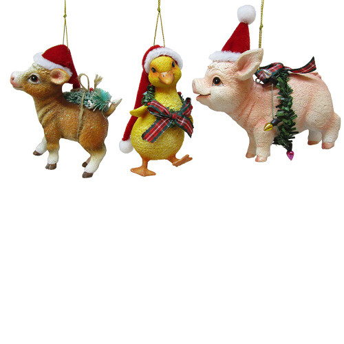 Farm Animals Wearing Santa Hats Ornaments, 3 Assorted