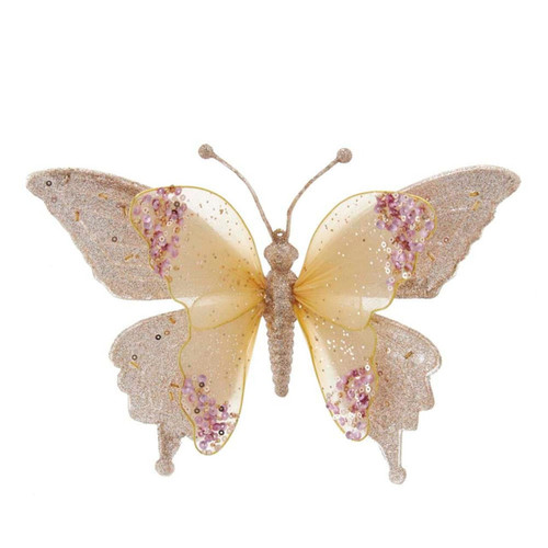 Gold and Pink Lace Butterfly Clip-On Ornament